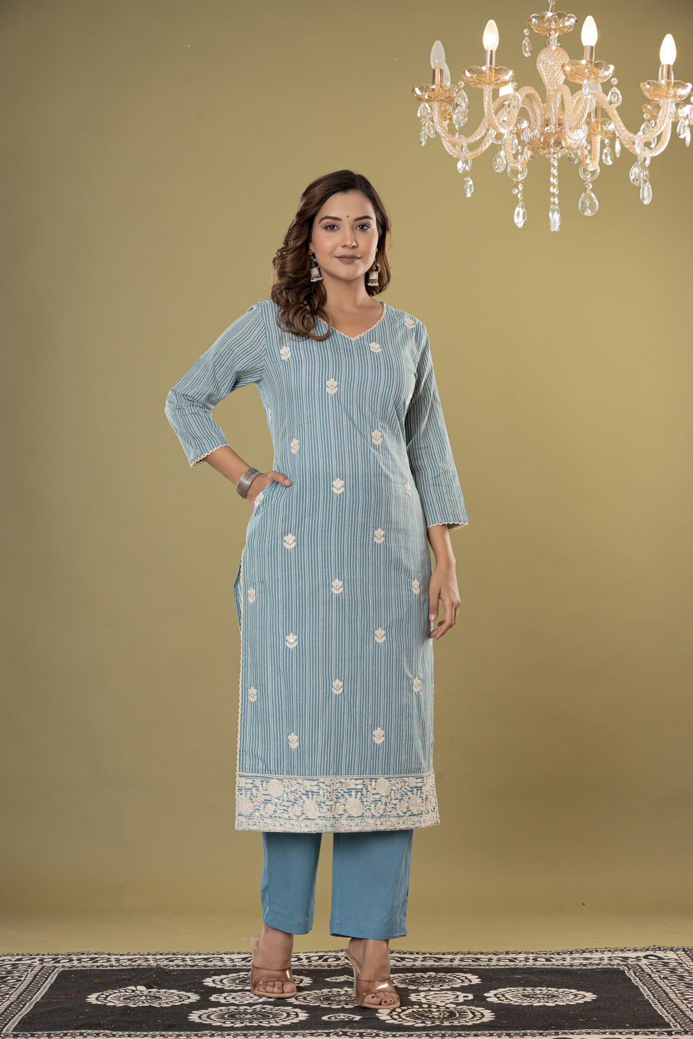 Elevate Embroidered Stripe Cotton Kurta Pant Dupatta Set