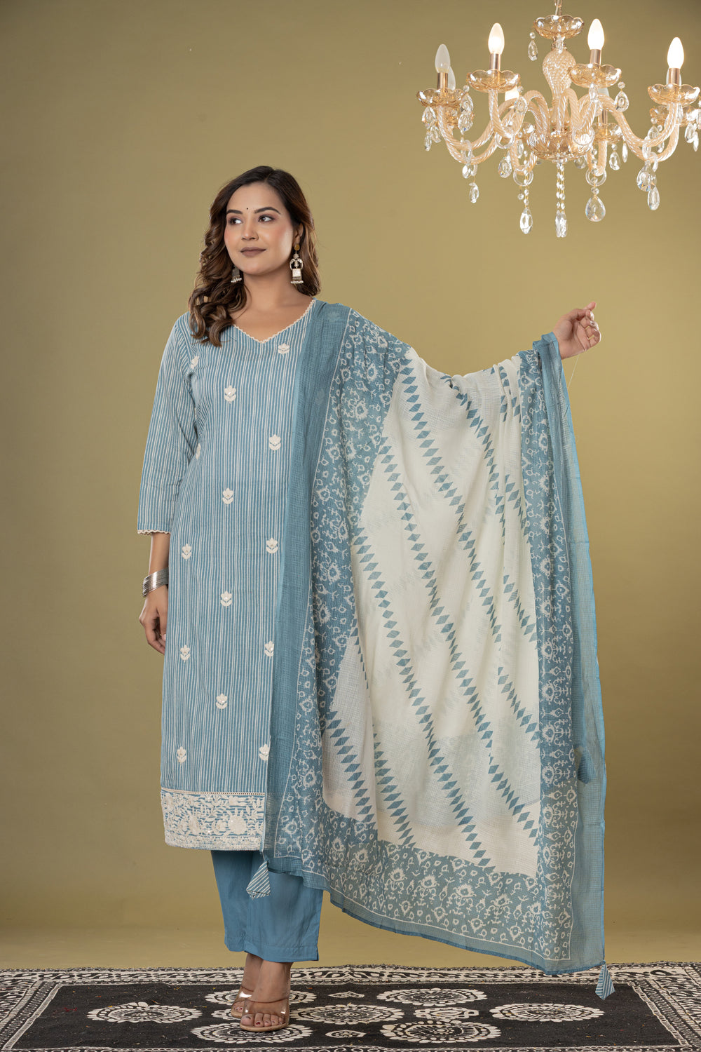 Elevate Embroidered Stripe Cotton Kurta Pant Dupatta Set