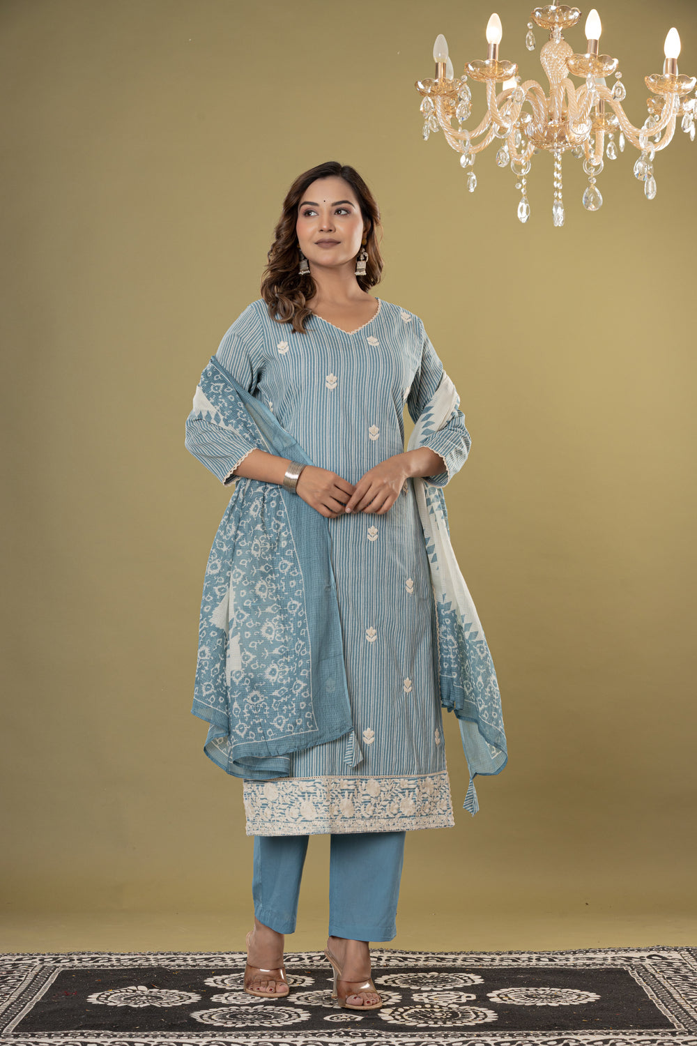 Elevate Embroidered Stripe Cotton Kurta Pant Dupatta Set