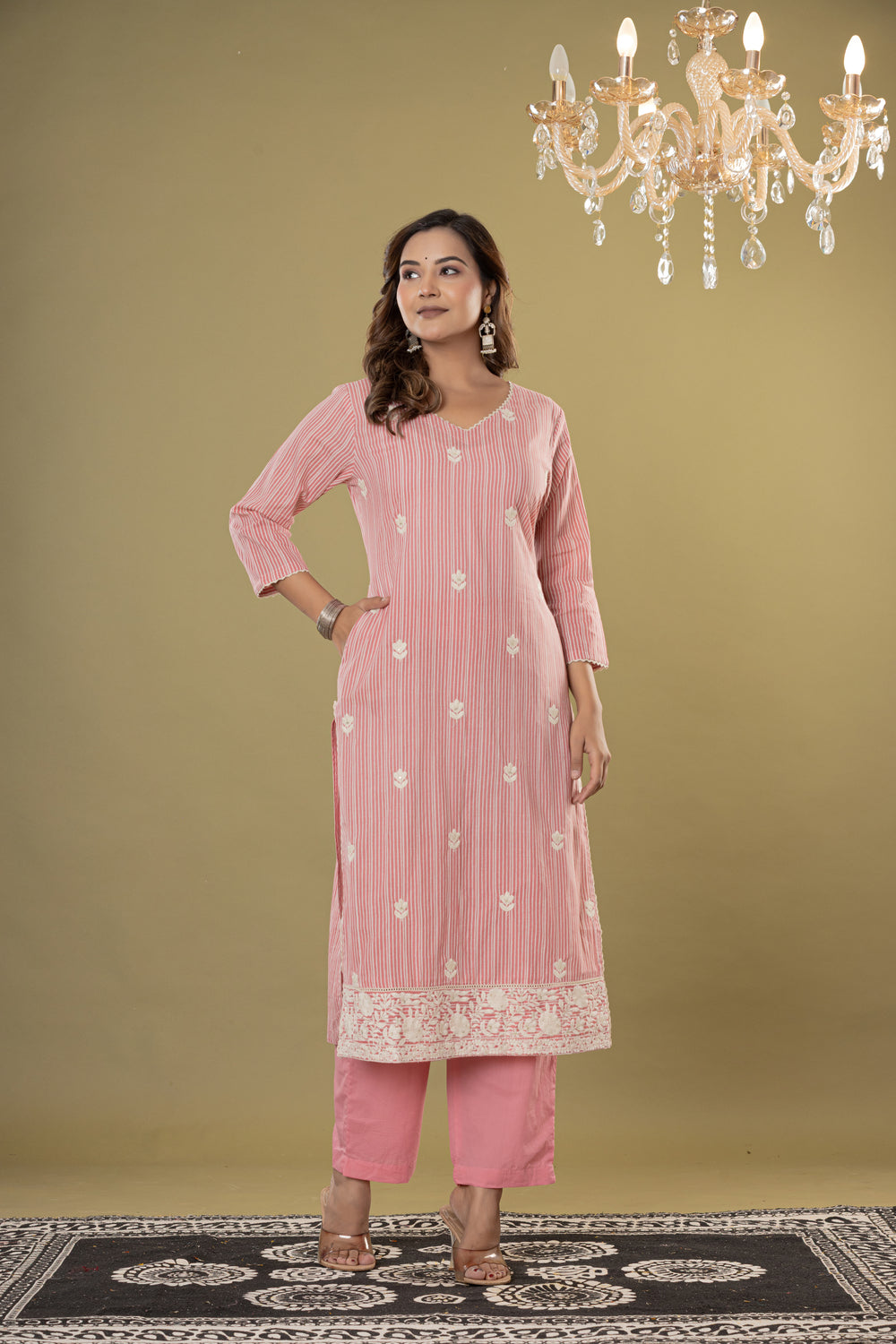Elevate Embroidered Stripe Cotton Kurta Pant Dupatta Set