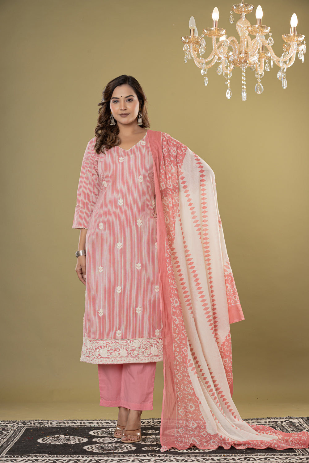 Elevate Embroidered Stripe Cotton Kurta Pant Dupatta Set