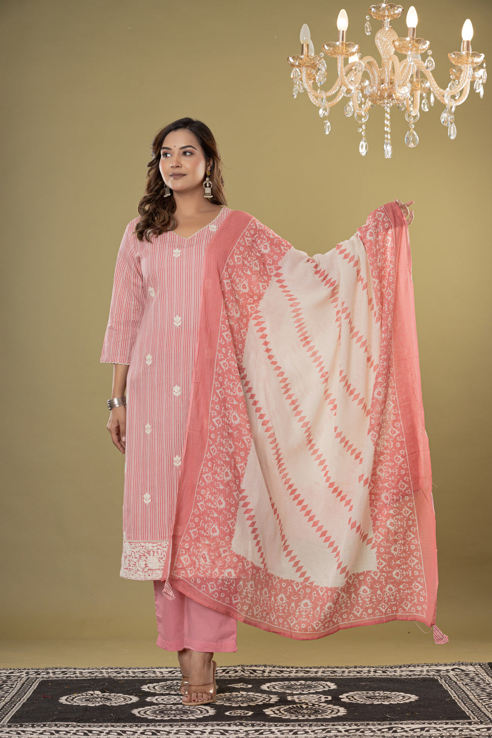 Elevate Embroidered Stripe Cotton Kurta Pant Dupatta Set