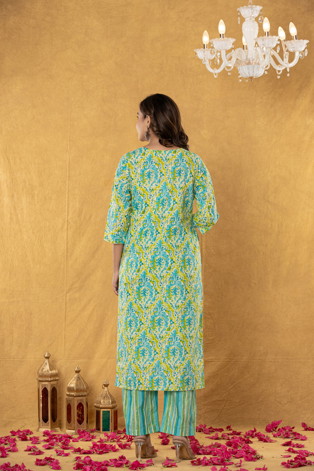 Elevate Turquoise Yellow Artistic Printed Kurta Pant Dupatta Suit Set