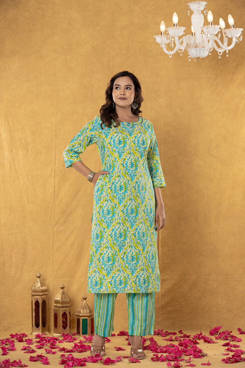Elevate Turquoise Yellow Artistic Printed Kurta Pant Dupatta Suit Set