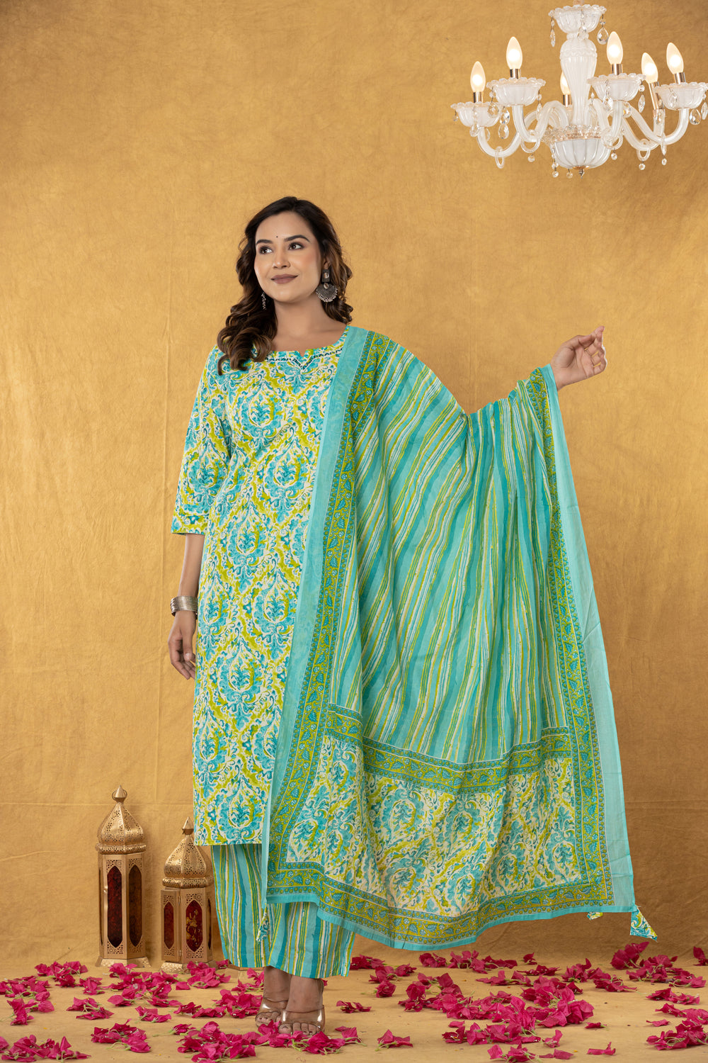 Elevate Turquoise Yellow Artistic Printed Kurta Pant Dupatta Suit Set