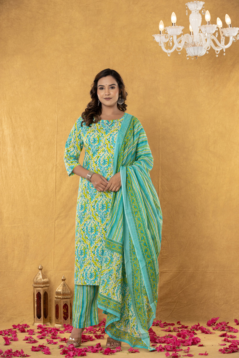 Elevate Turquoise Yellow Artistic Printed Kurta Pant Dupatta Suit Set