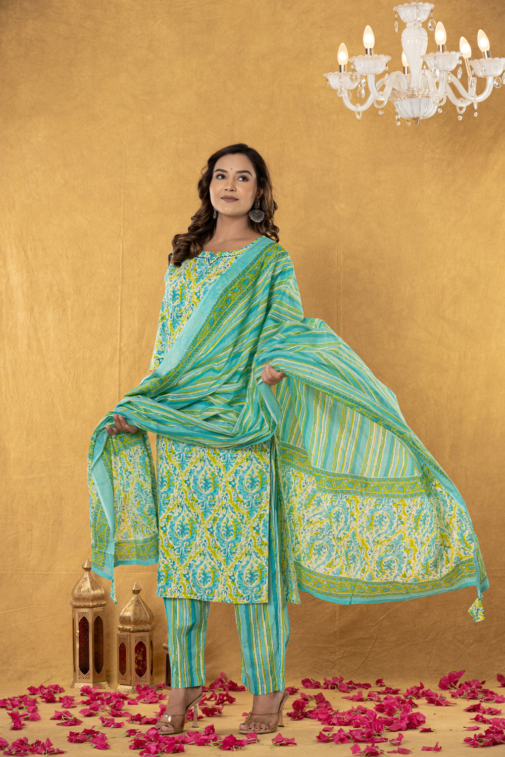 Elevate Turquoise Yellow Artistic Printed Kurta Pant Dupatta Suit Set