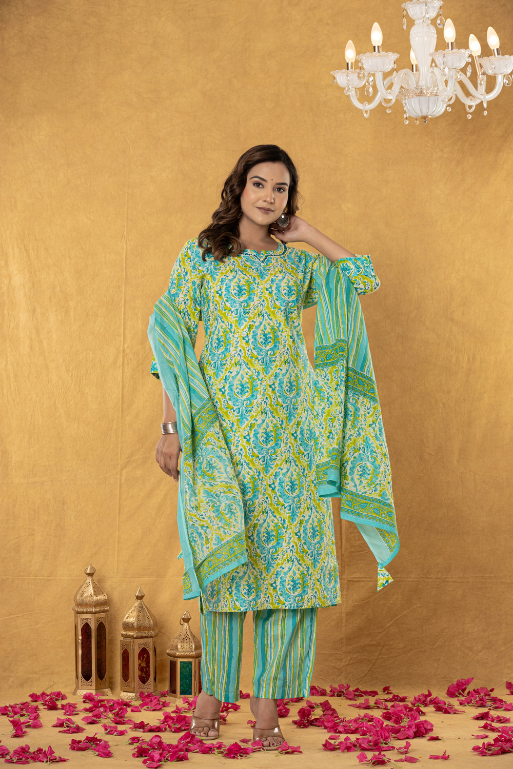 Elevate Turquoise Yellow Artistic Printed Kurta Pant Dupatta Suit Set