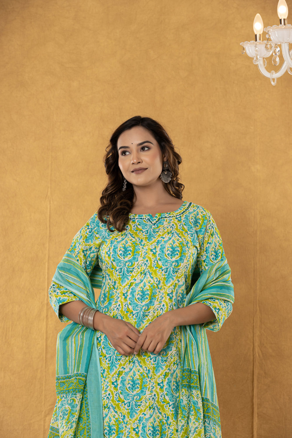Elevate Turquoise Yellow Artistic Printed Kurta Pant Dupatta Suit Set
