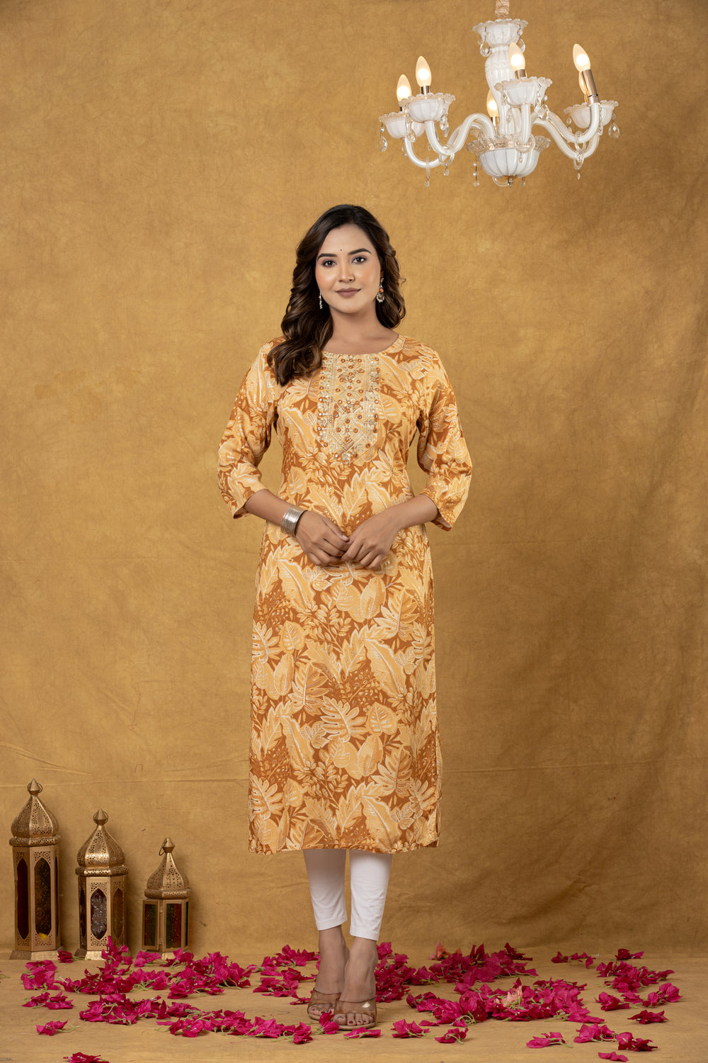 Elevate All-Over Leaf Print Straight Fit Kurta