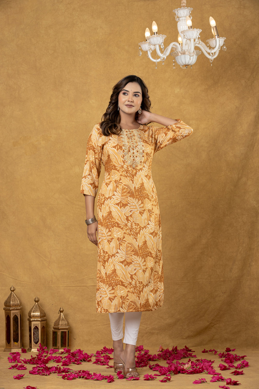 Elevate All-Over Leaf Print Straight Fit Kurta