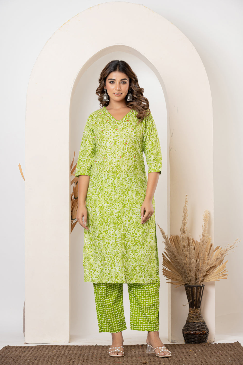 Elevate Fresh Lime Green Contemporary Printed Three-Piece Kurta Set