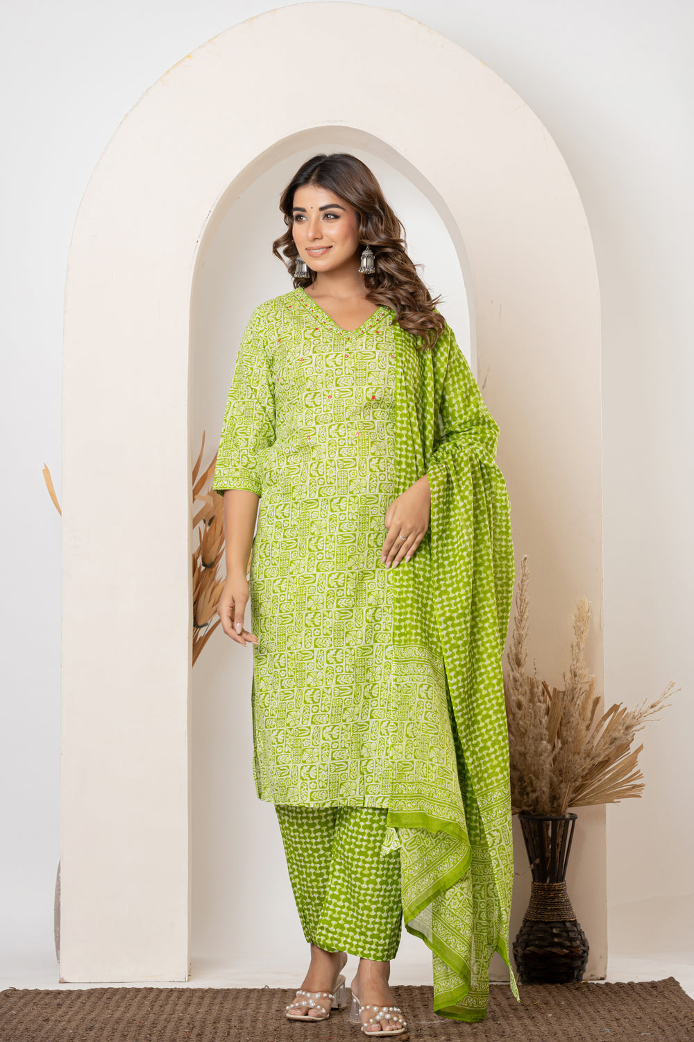 Elevate Fresh Lime Green Contemporary Printed Three-Piece Kurta Set