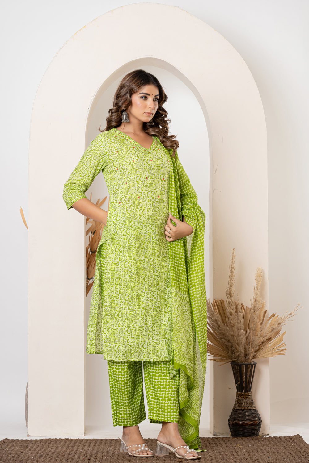 Elevate Fresh Lime Green Contemporary Printed Three-Piece Kurta Set