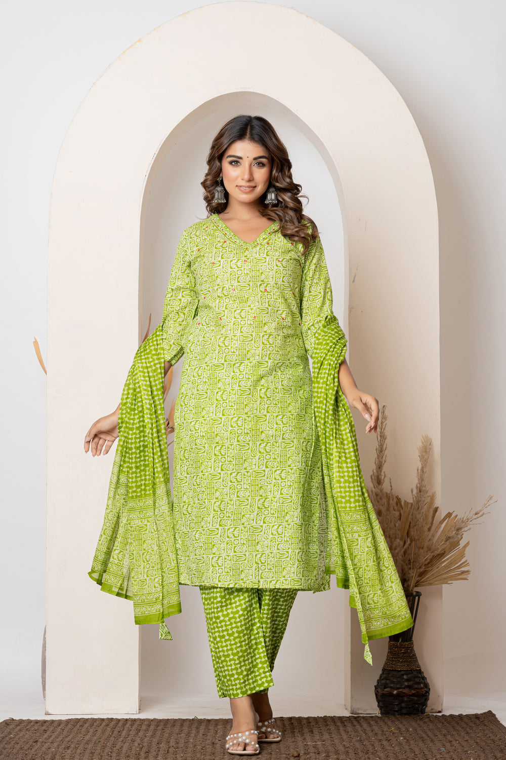 Elevate Fresh Lime Green Contemporary Printed Three-Piece Kurta Set
