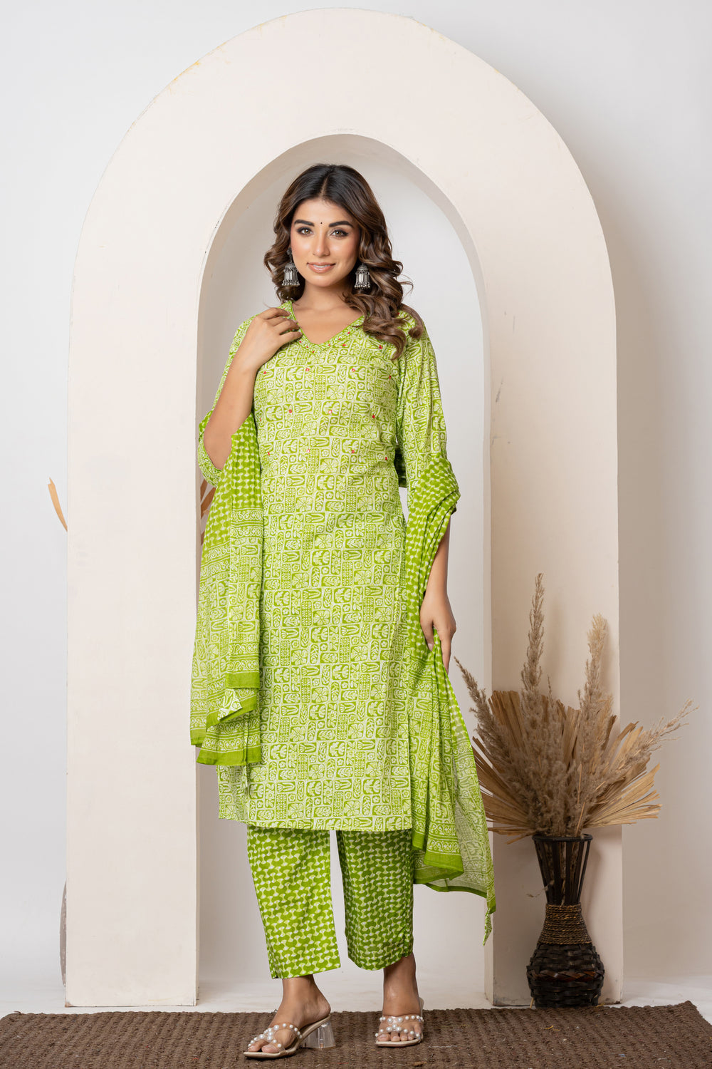 Elevate Fresh Lime Green Contemporary Printed Three-Piece Kurta Set