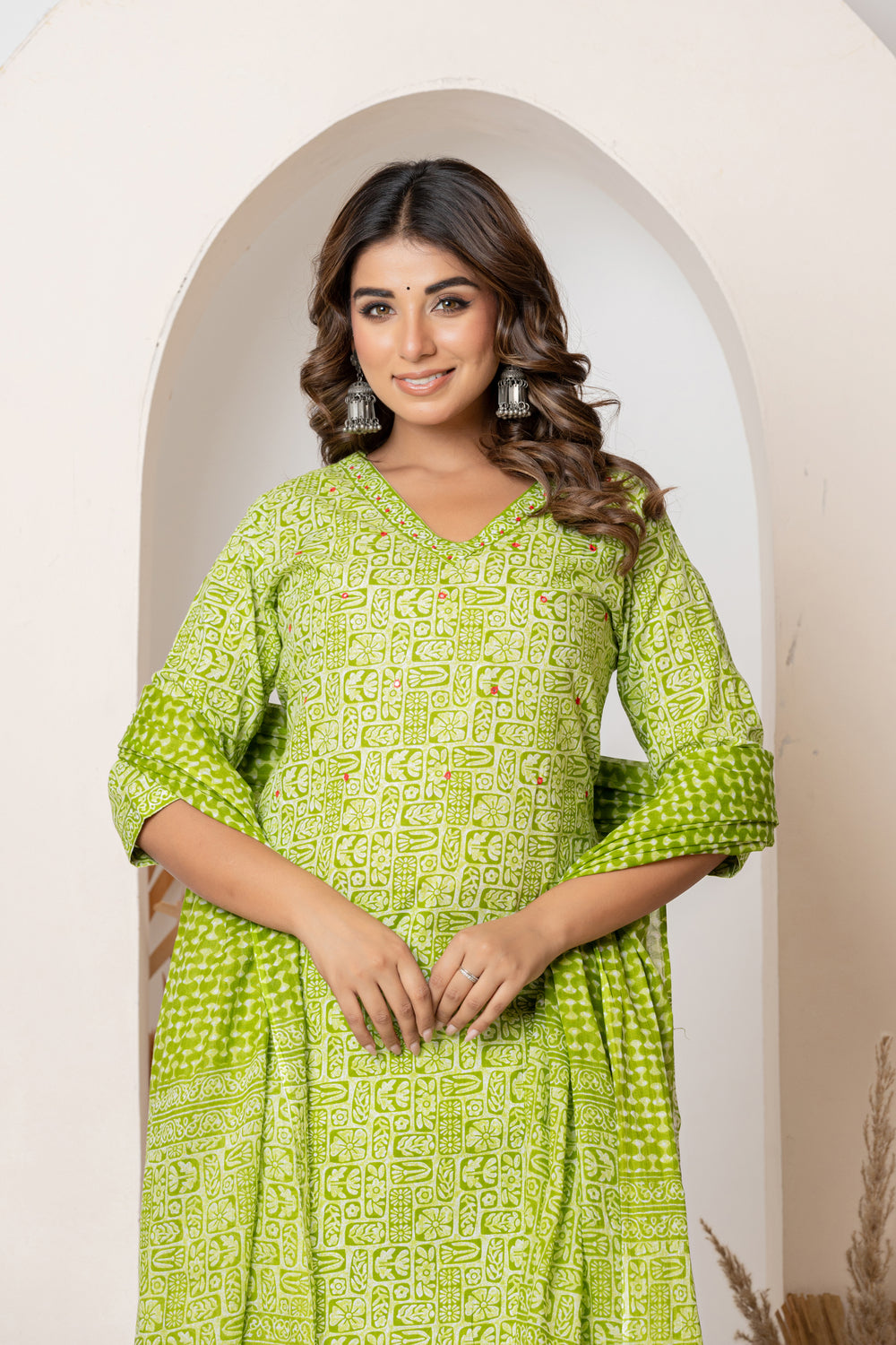 Elevate Fresh Lime Green Contemporary Printed Three-Piece Kurta Set