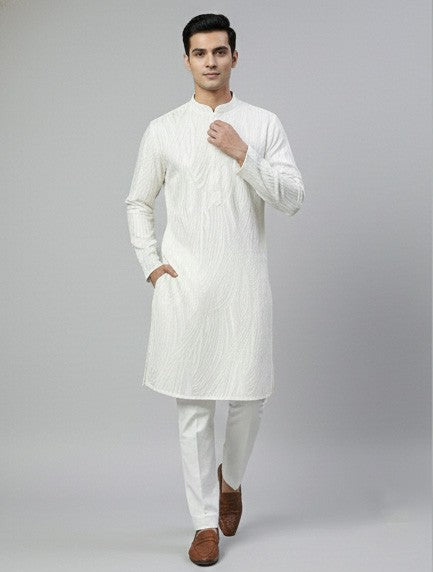 Soul Armor Mens White Subtle Textured All-Over Ethnic Print  Full Sleeve Kurta Set