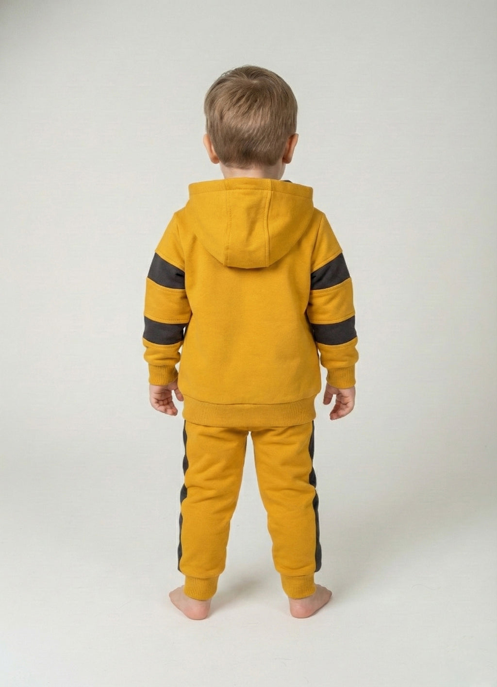 Vats Lil Luxe Boys Mustard Yellow Printed Hooded Sweatshirt with Track Pant Co-Ord Set