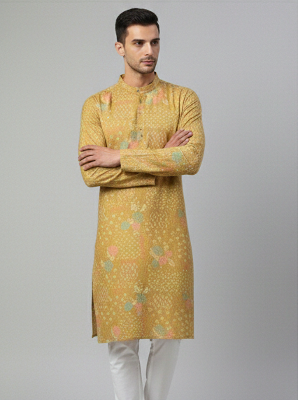 Soul Armor Mens Yellow Detailed All-Over Ethnic Motif Printed Kurta Set