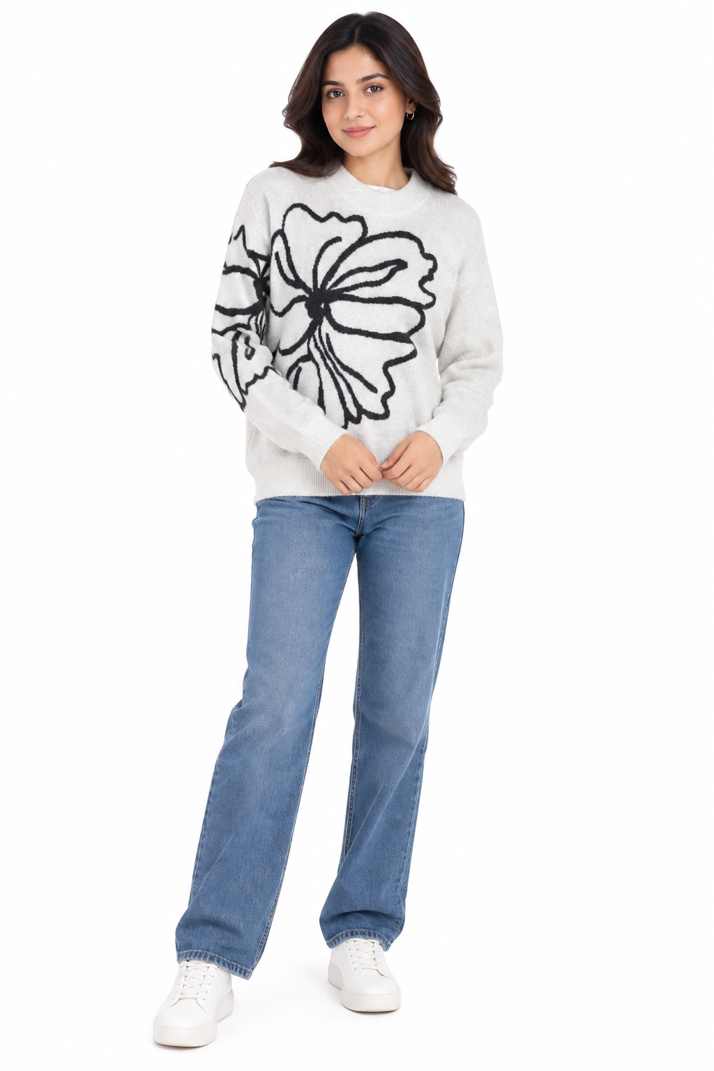 SOUL ARMOR Women's White Black Floral Print Full Sleeve Winter Sweater | Soft Knit Round Neck Pullover | Casual Festive Wear