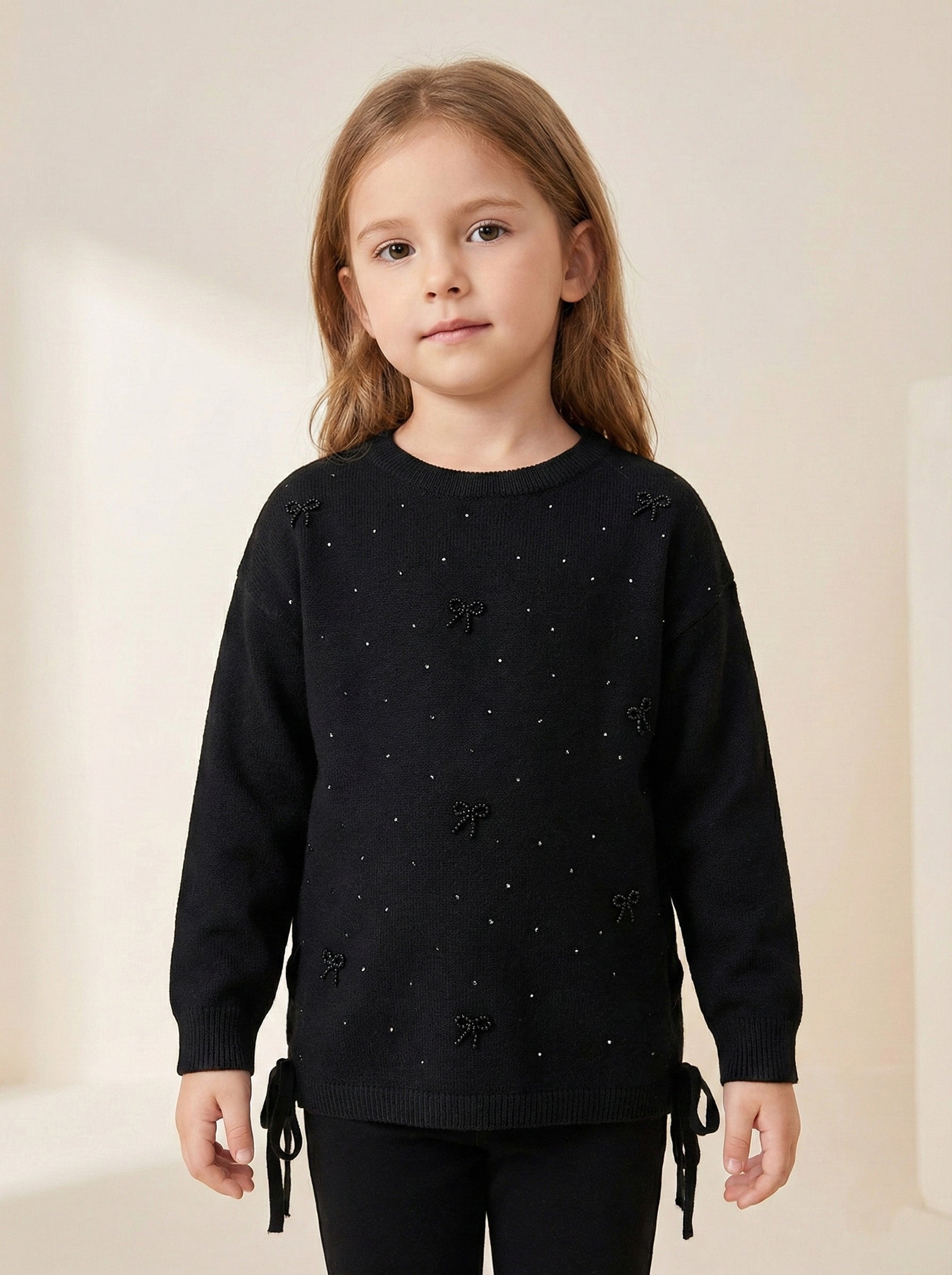 Vats Lil Luxe Solid Full Sleeve Dotted Girls Top