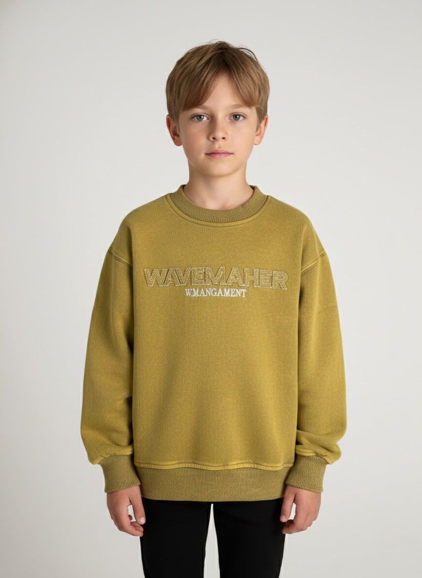 Vats Lil Luxe Mustard Full Sleeve Kids Sweatshirt with Front Embossed Text