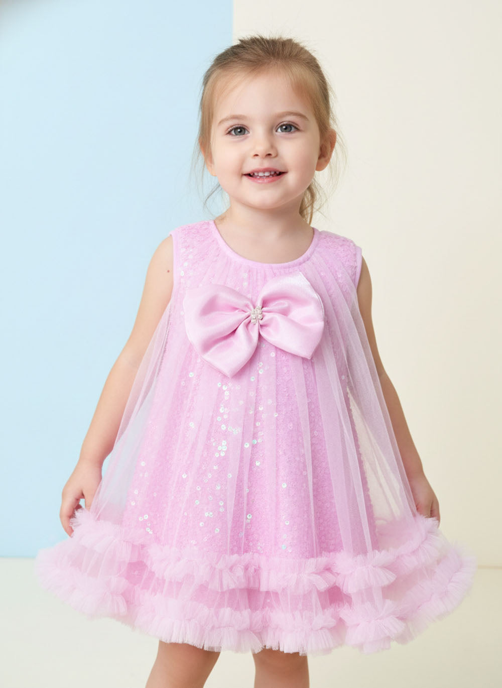 Katibi Girls Pink Net Bow Detail Party Midi Dress