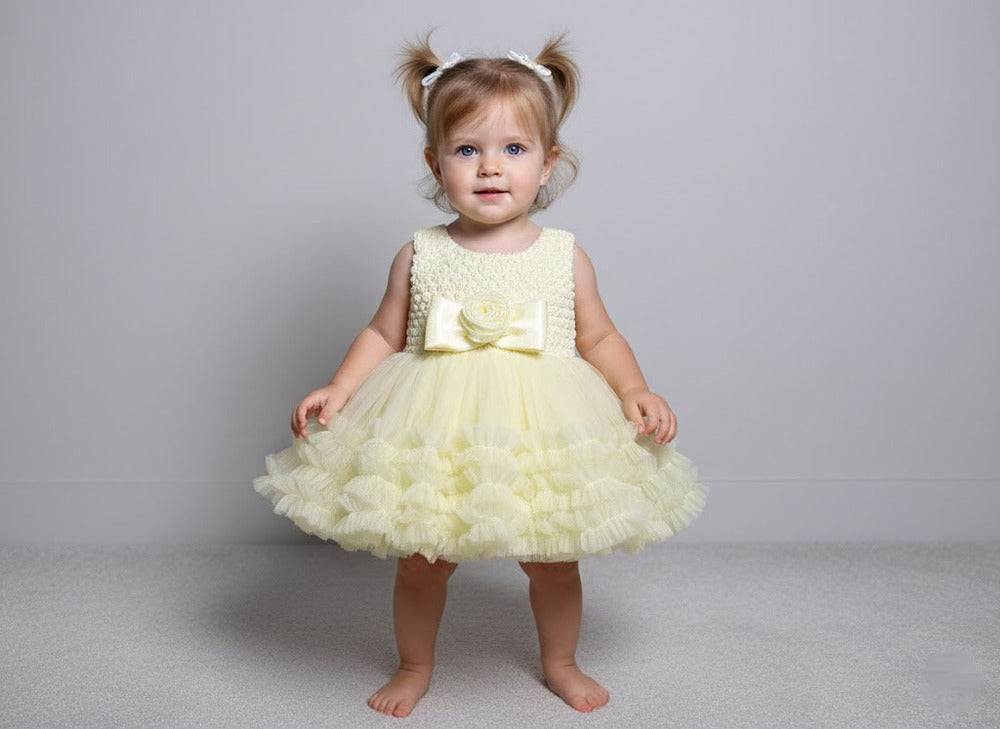 Katibi Soft lemon Yellow Birthday Dress for Baby Girls.