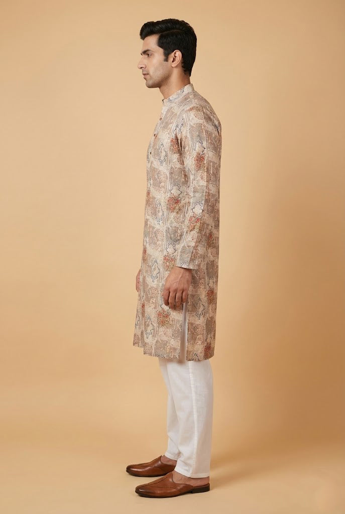 Soul Armor Soft Floral Print Mandarin Collar Mens Kurta Set