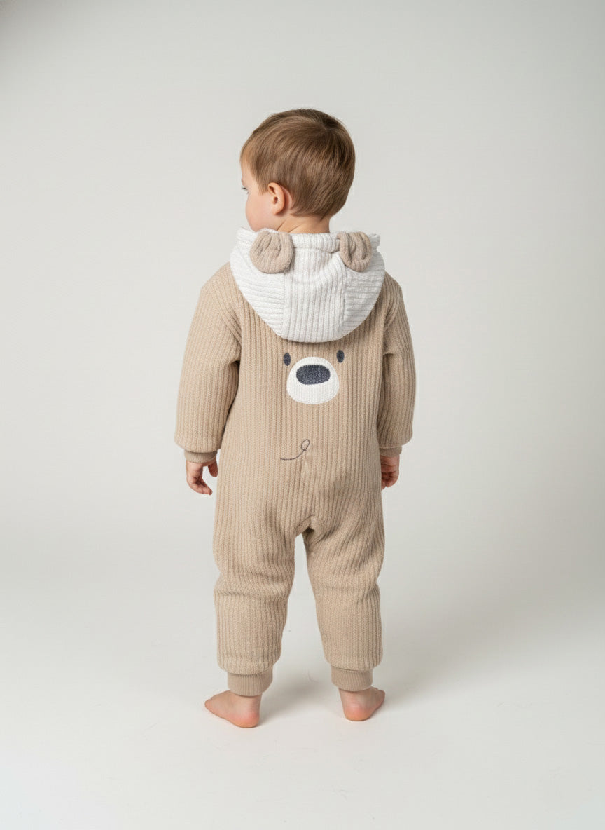 Vats Lil Luxe Baby Unisex Hooded Knitted Romper with Bear Pocket Design