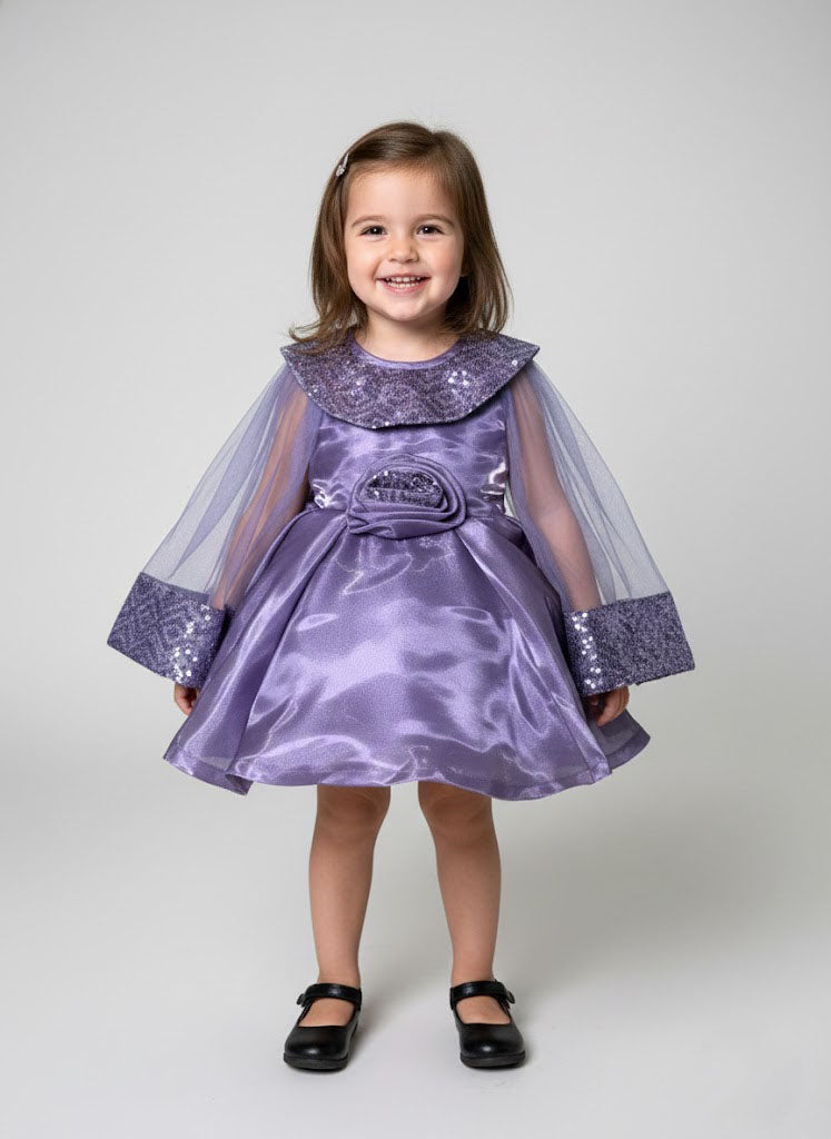 Katibi Lavender purple Satin Party Wear Dress with Net Sleeves for Girls