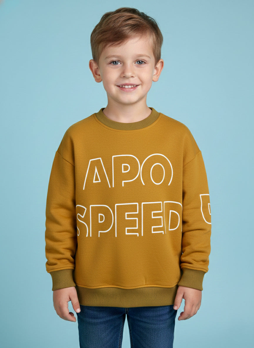 Vats Lil Luxe Mustard Printed Full Sleeve Kids Sweatshirt with Text Design