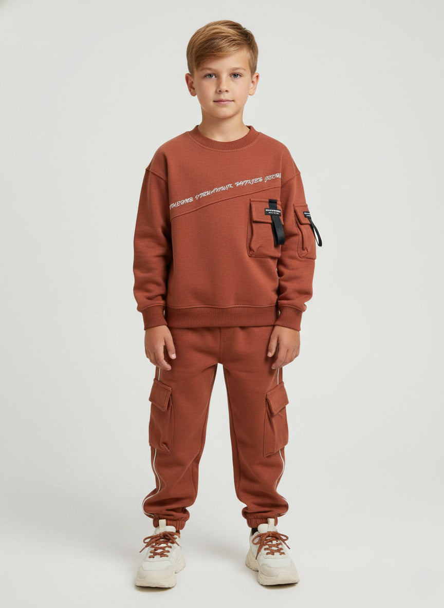 Vats Lil Luxe Full Sleeve Kids Cord Set with Utility Pocket Sweatshirt & Cargo Bottom