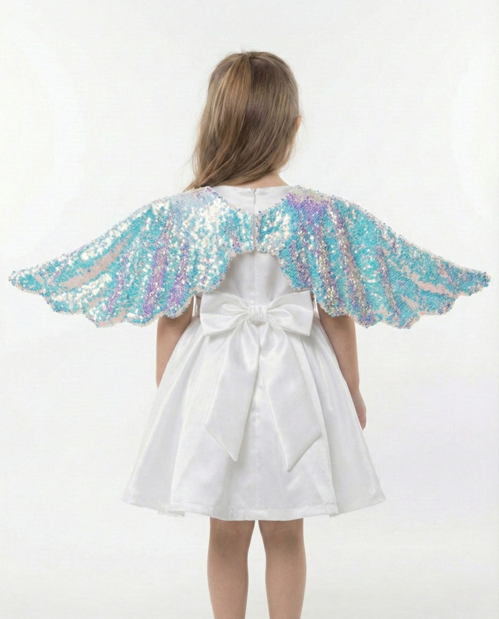 Katibi Girls Cream Sequin Wing Sleeve Party Frock