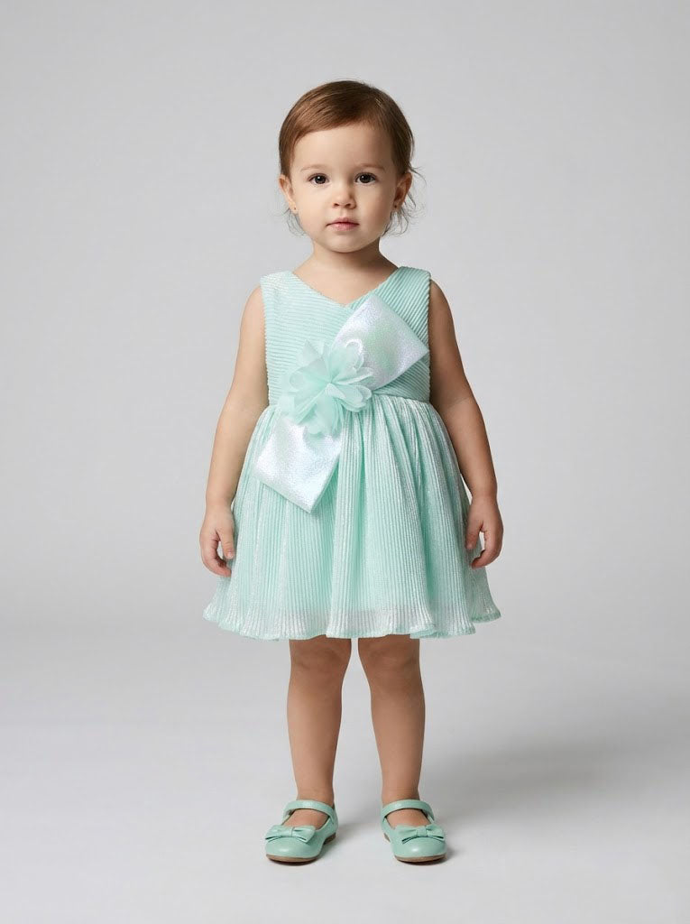 Katibi Girls Mint Green Bow Detail Net Party Wear Frock