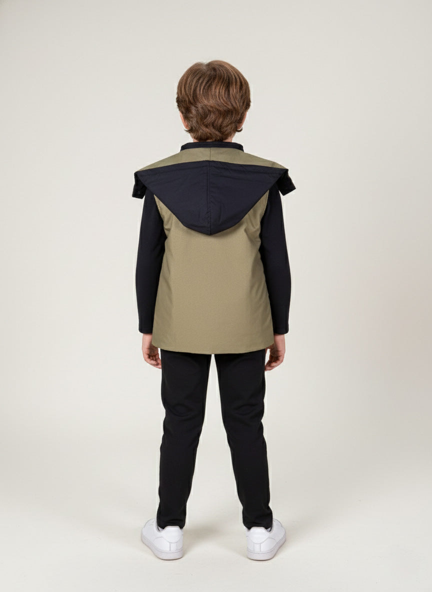 Vats Lil Luxe Boys Sleeveless Hooded Jacket with T-Shirt and Pant Set