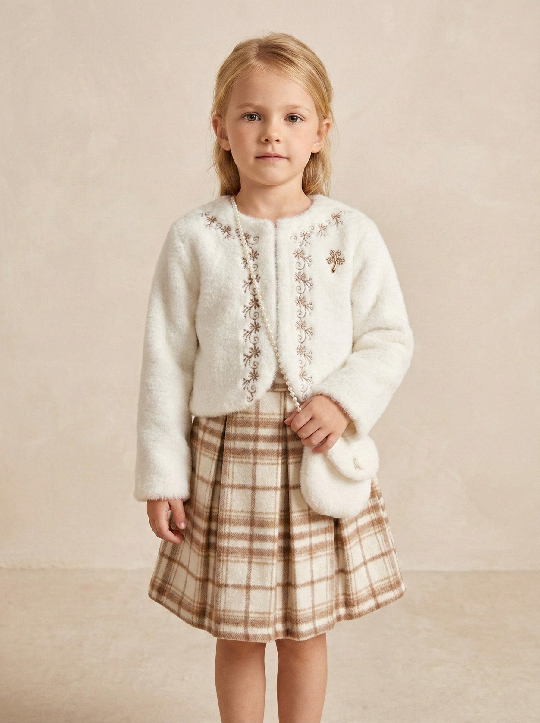 Vats Lil Luxe Cardigan with Checked Skirt Girls Dress Set