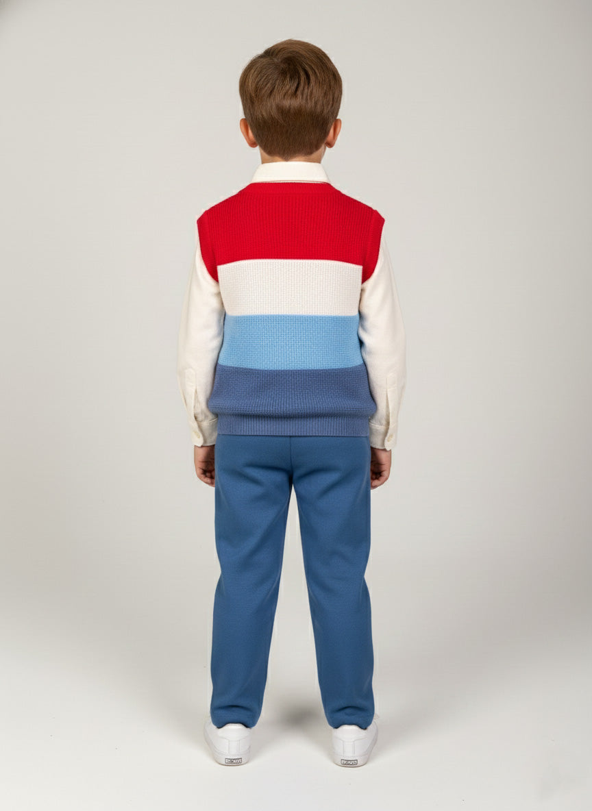 Vats Lil Luxe Boys Red, White & Blue Printed Sweatshirt with Blue Track Pant Co-Ord Set