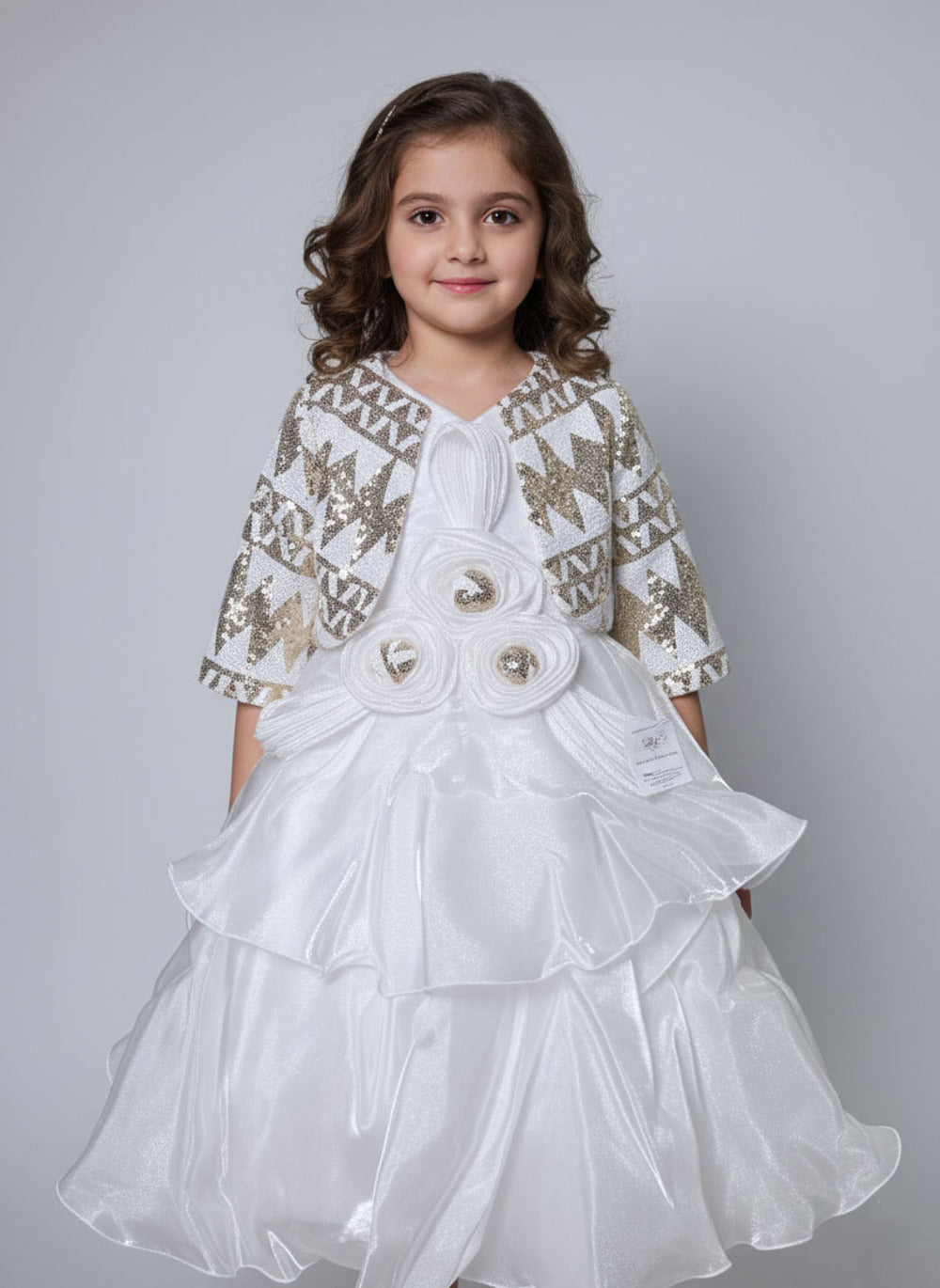 Katibi Elegant White Party Gown with gold Embroidered Jacket for Girls.