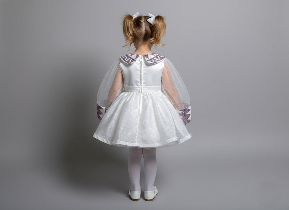 Katibi White Party Wear gown with Embroidered Sleeves for Baby Girls.