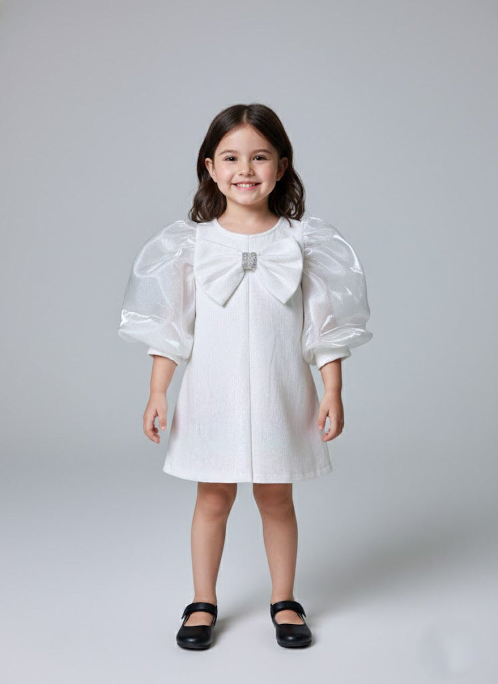 Katibi Girls Solid White Puff Sleeve Midi Dress