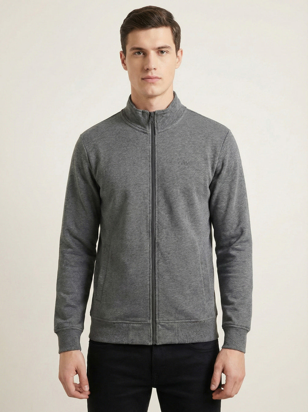 On-Vers Solid Full Zip High Neck Sweatshirt.