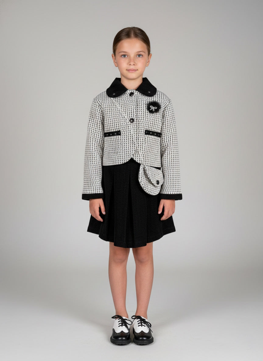 Vats Lil Luxe Girls Checked Shrug Set with Button Front Shrug & Pleated Skirt