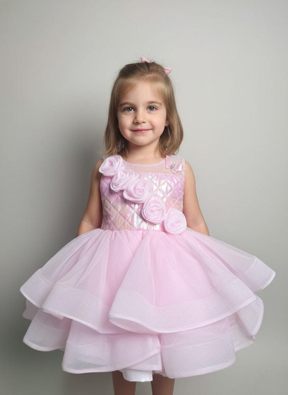 Katibi Girls Pink Floral Appliqué Layered Midi Dress