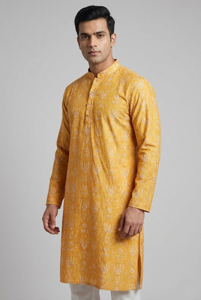 Soul Armor Mens Traditional Mustard Printed Kurta Set