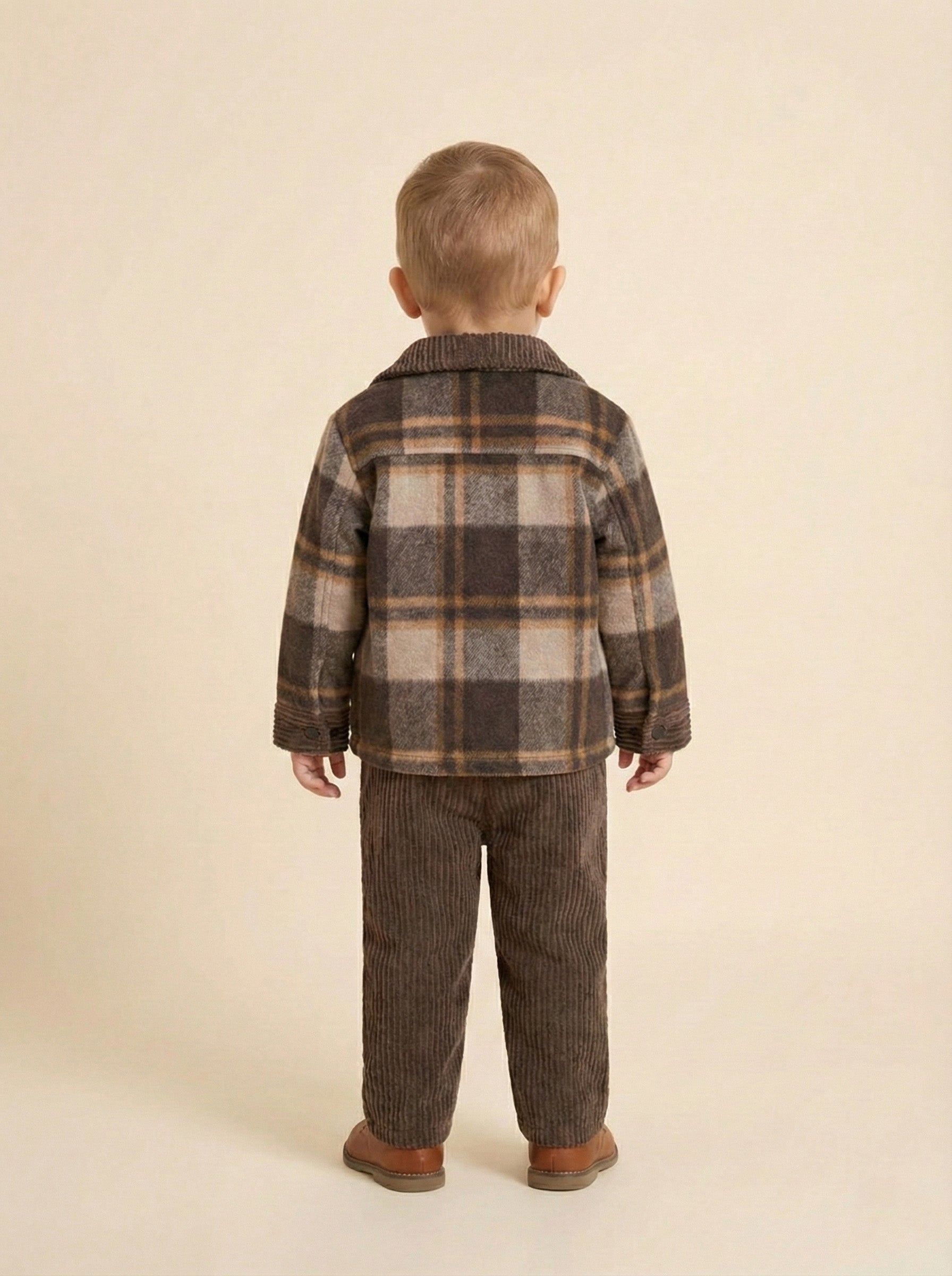 Vats Lil Luxe Boys Brown Checkered Jacket with T-Shirt & Corduroy Pant Co-Ord Set