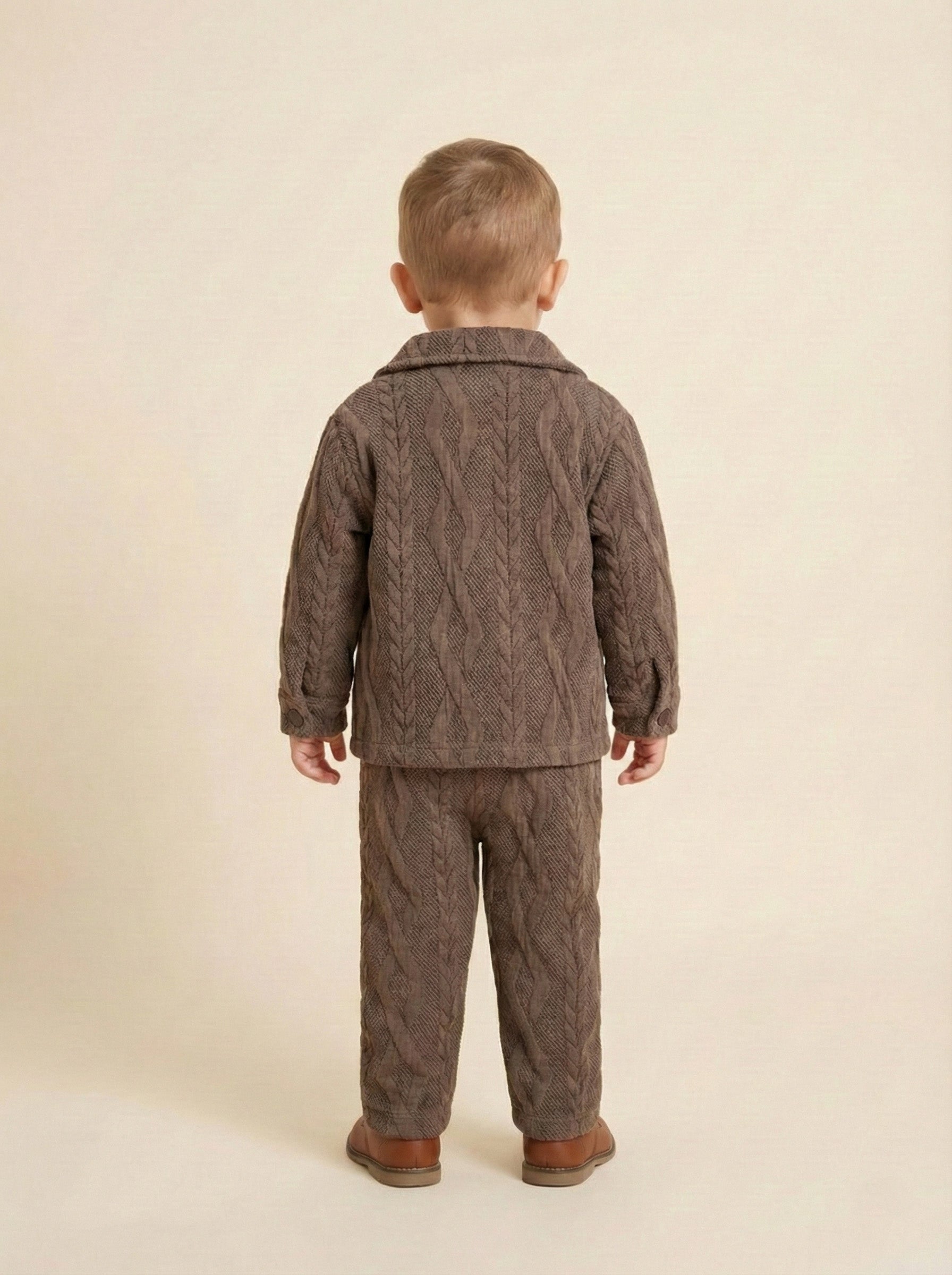 Vats Lil Luxe Baby Boys Brown Textured Jacket with T-Shirt & Pant Co-Ord Set