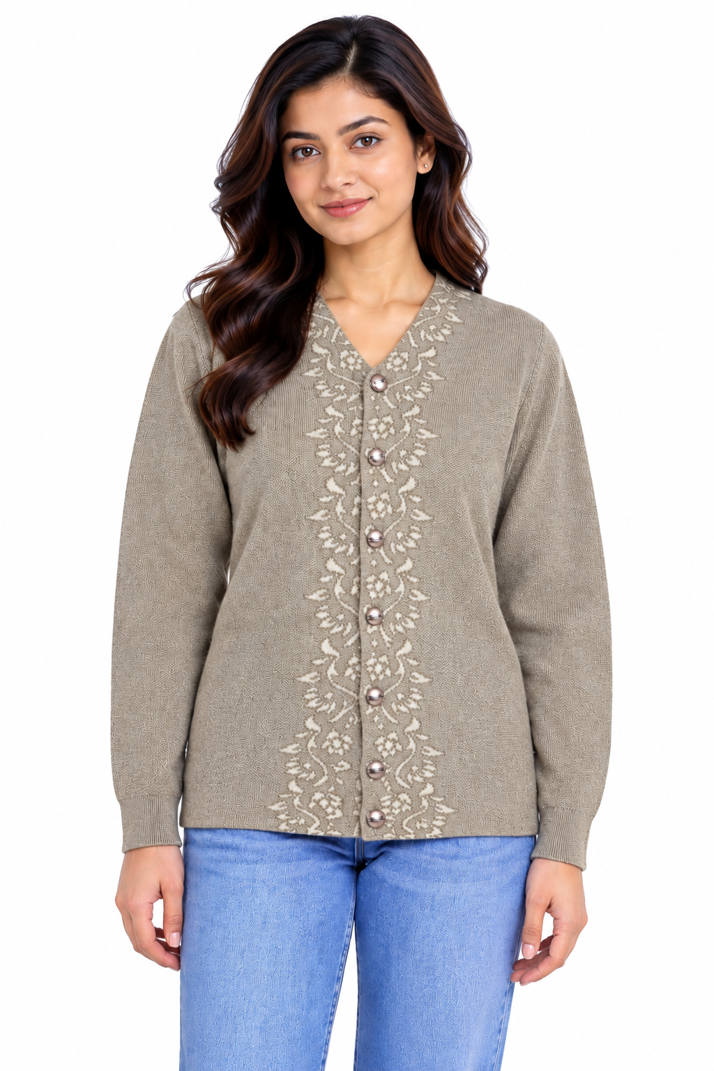 SOUL ARMOR Women's Brown Floral Embroidered V-Neck Button Cardigan | Soft Knit Full Sleeve Winter Cardigan | Festive Casual Wear