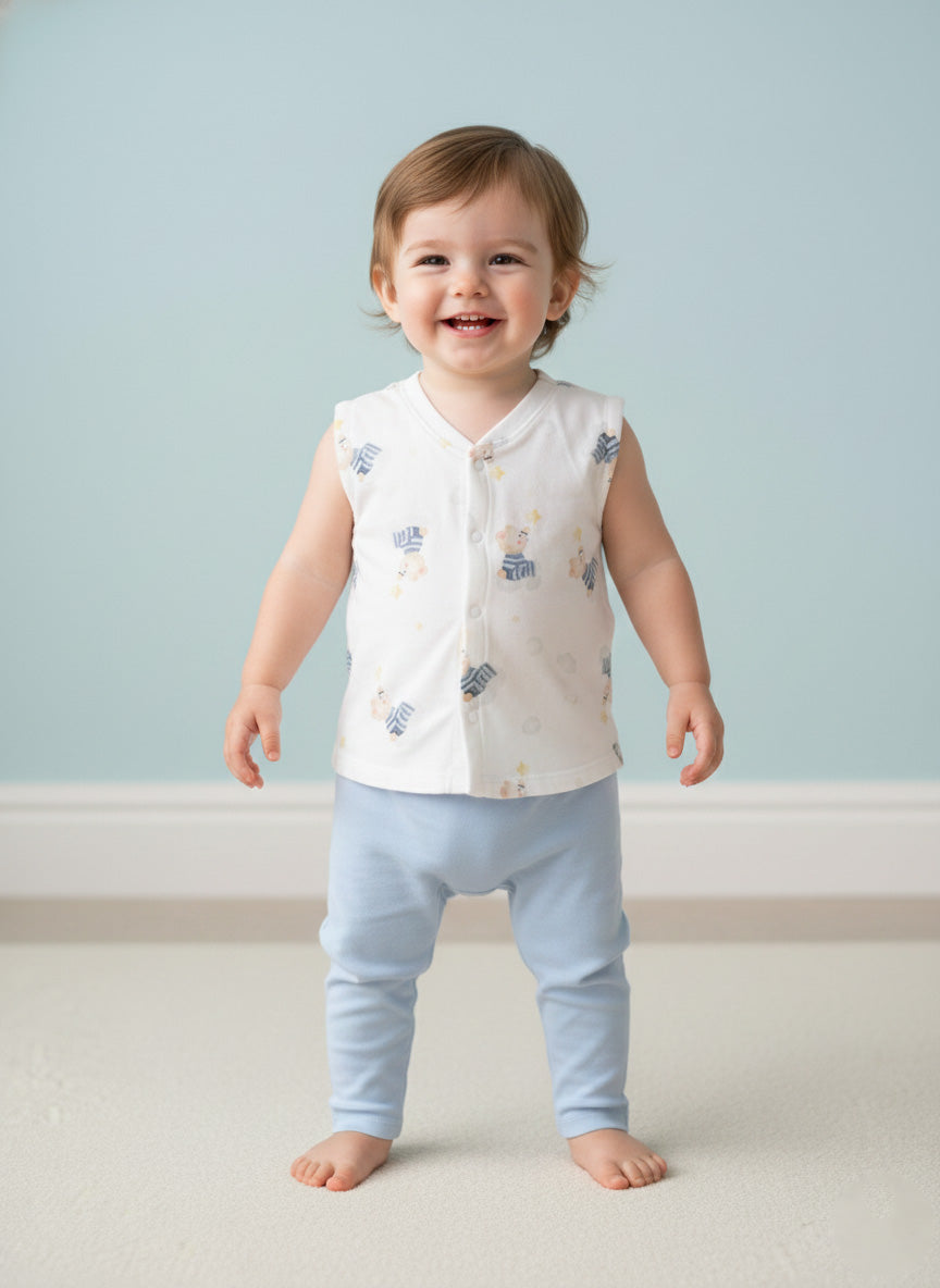 Vats Lil Luxe Printed Sleeveless Baby T-Shirt with Front Button Detail